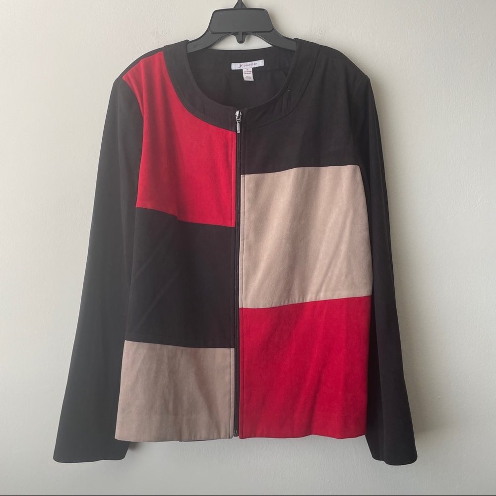 JM Collection Black Red & Tan Color Block Long Sleeve Suede Zip Front Jacket -18